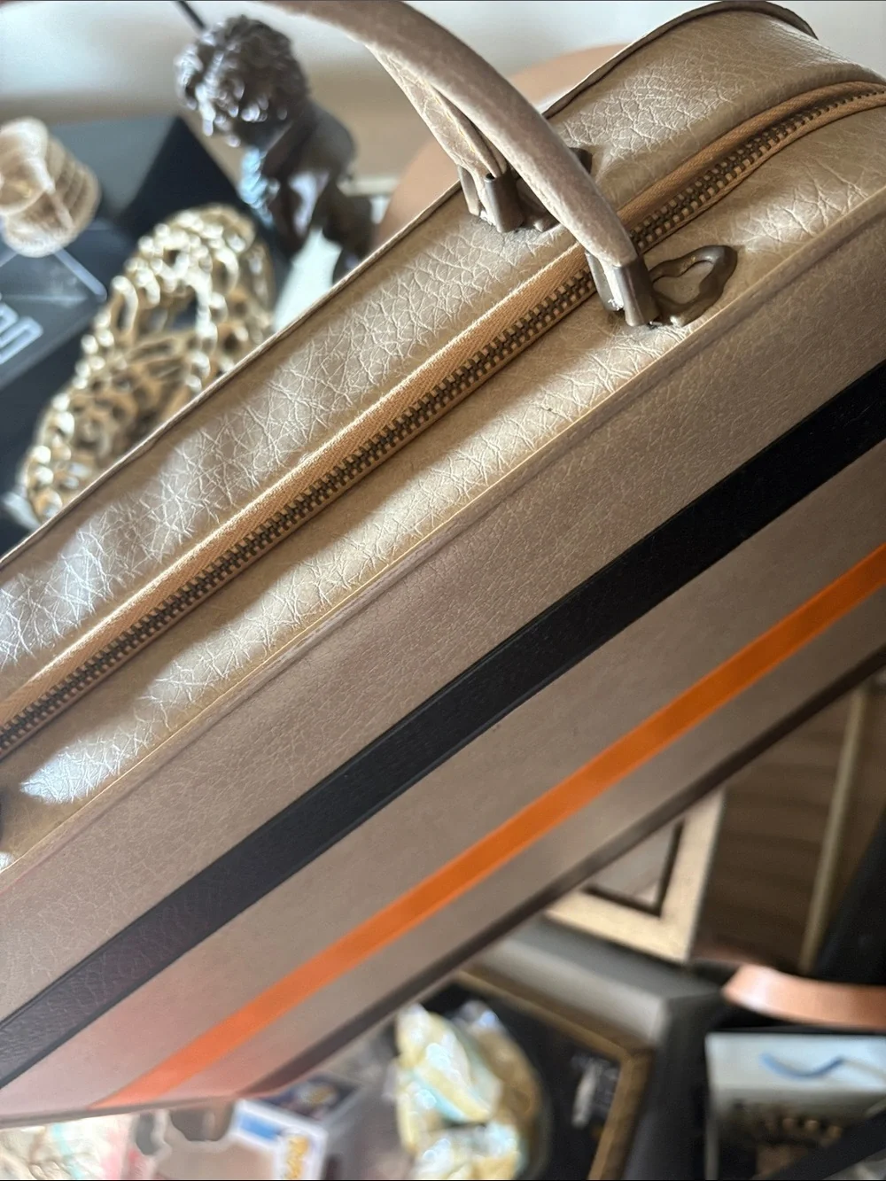 Vintage Taupe Women’s Top-Handle Briefcase with Orange Accent